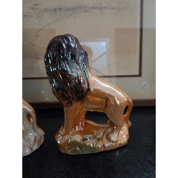 Vintage 1960s-80s Pair Brazilian Iridescent Ceramic Lions 7" Safari Decor Lustre - Picture 5 of 10